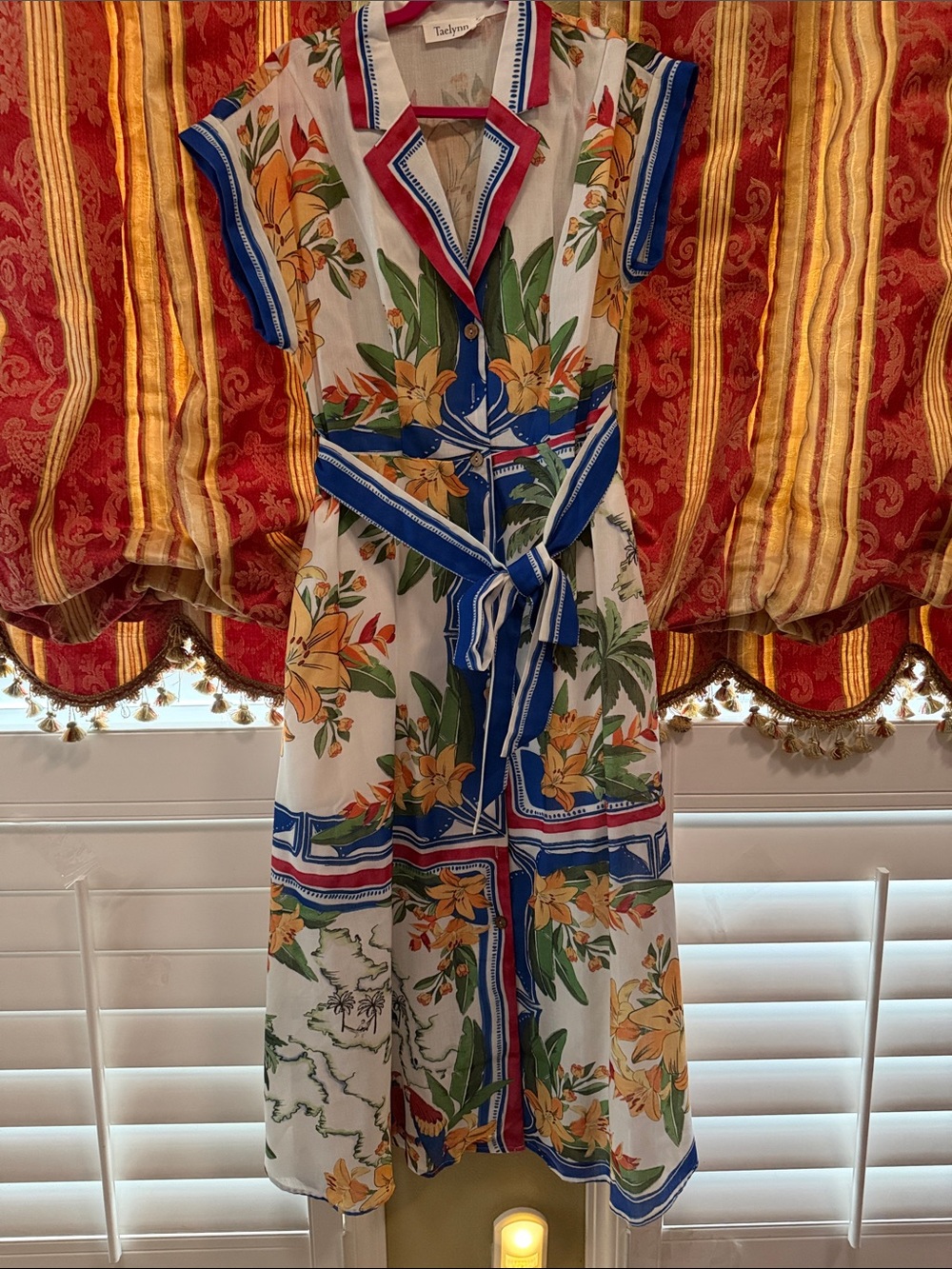 Floral Shirt‑Style Midi Dress with Blue Trim and Self‑Tie Belt